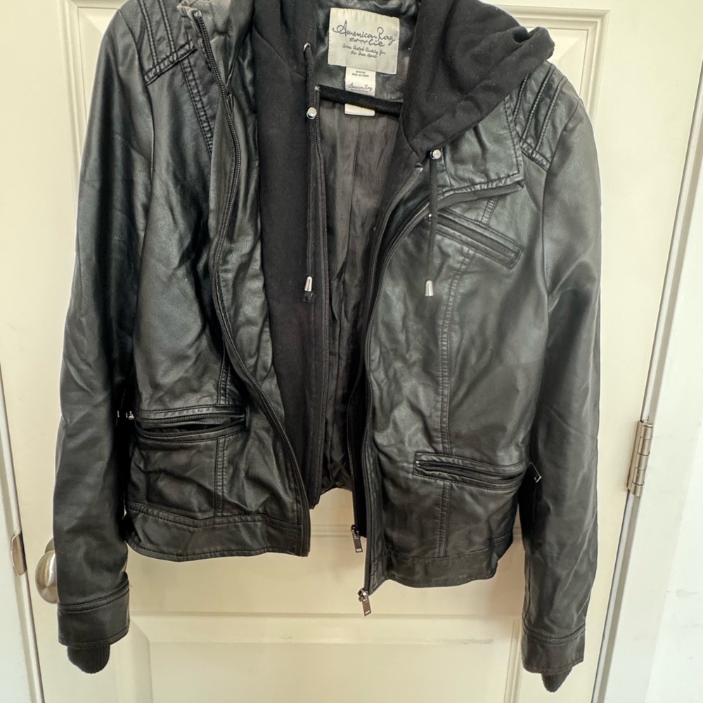 Black American Rag Faux Leather Jacket with Hoodie